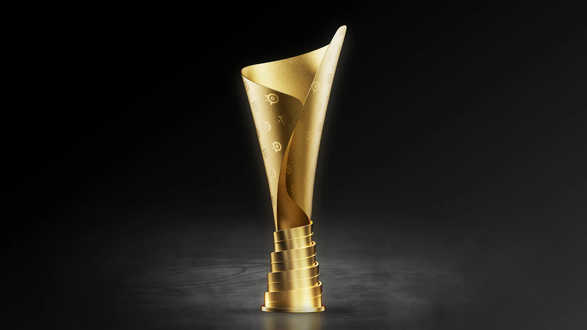 A gold trophy shaped like a rolled-up mousepad with an embossed SteelSeries logo pattern, symbolizing esports excellence and top-tier performance.