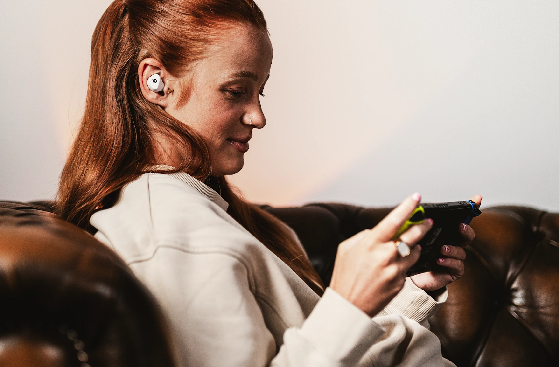 Woman searching through the phone.