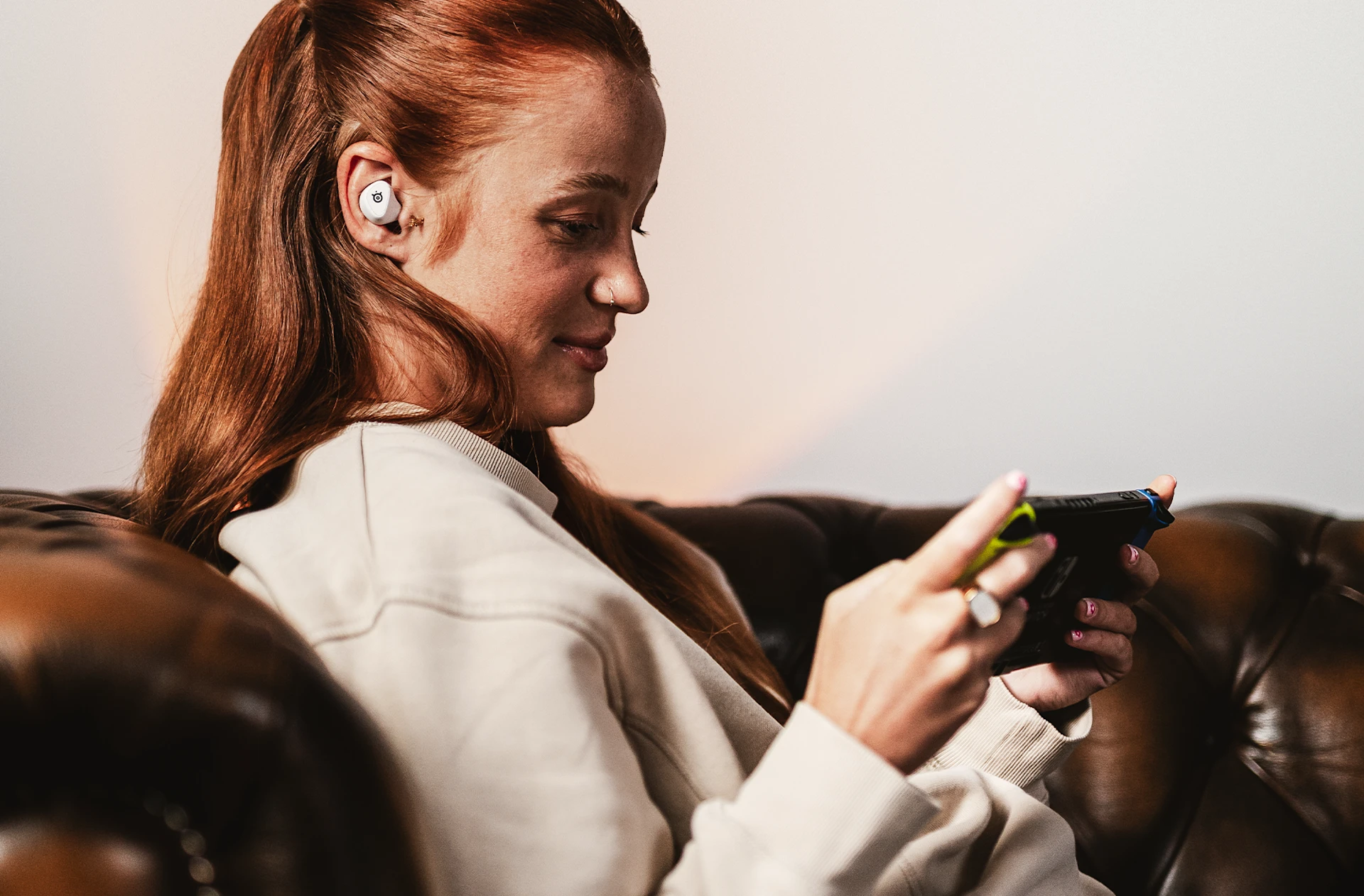 Woman searching through the phone. 