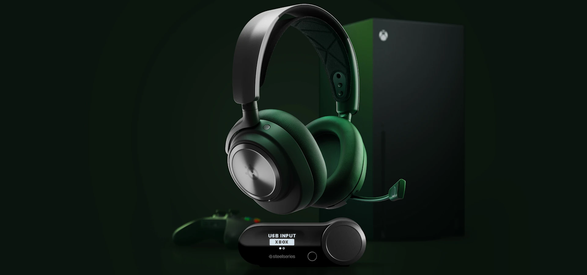 A pair of black arctis nova pro wireless headset on a blue andblack background accompanied by PS5 console