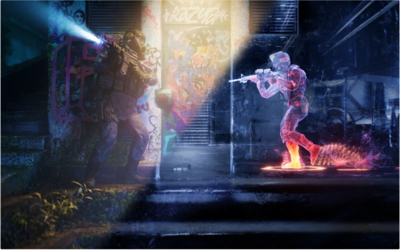 Armed man hiding behind a pillar and listening to enemy footsteps.