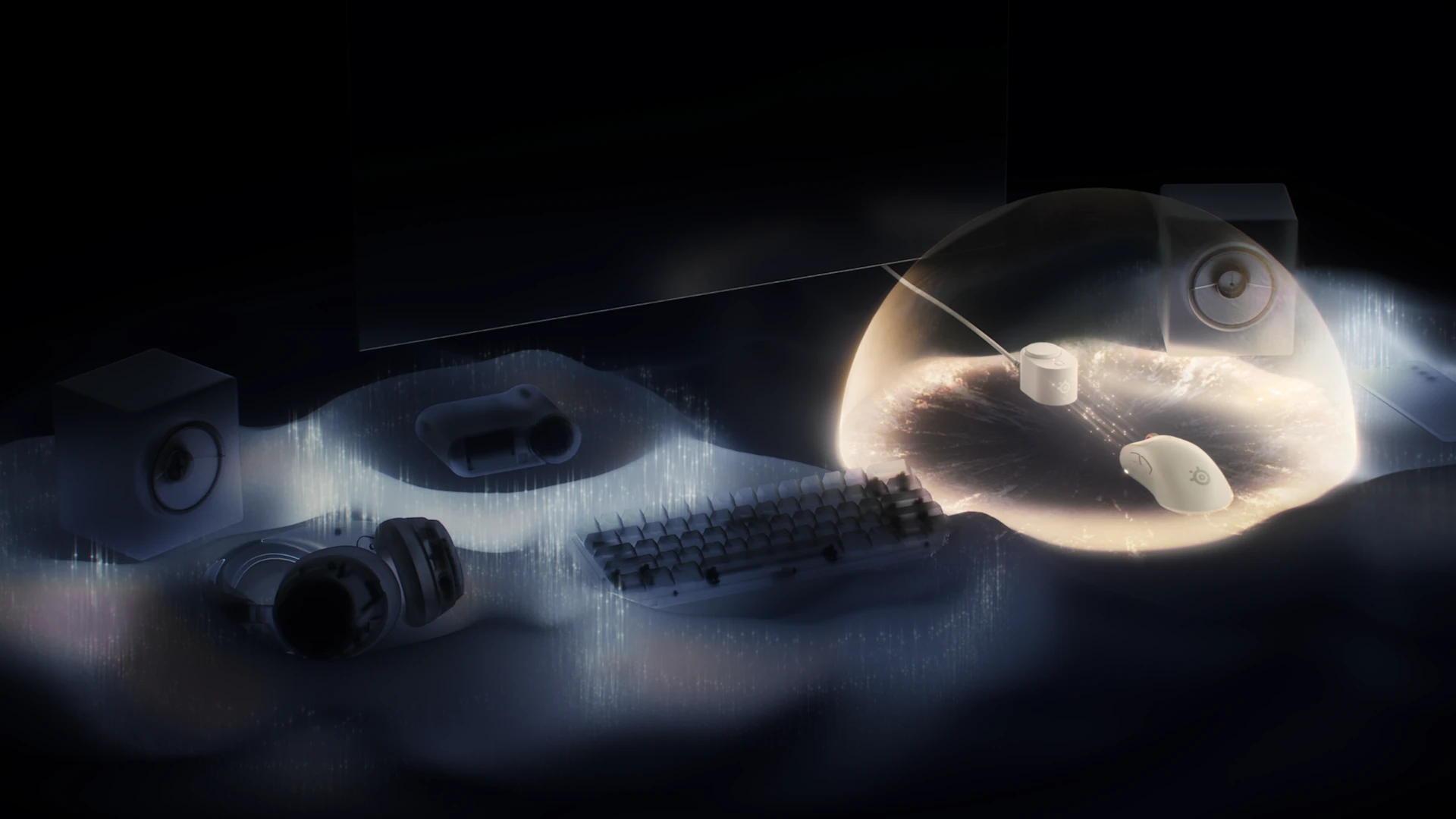 Bezdrátová herní myš Rival Pro a základnová stanice jsou zvýrazněny pod ochrannou svítící kopulí na stole s herními periferiemi.