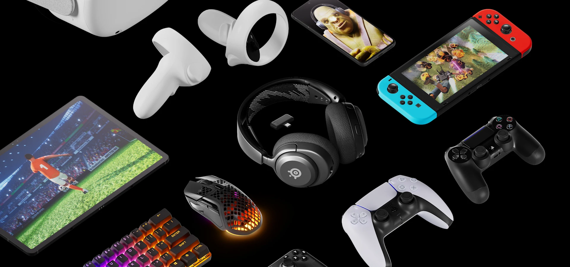 A view of Arctis Nova 4 Headset in the center with steelseries keyboard mice and a tablet on the left, VR Controlers and smartphone at the top, a Nintendo Switch on the right and one PS5 and PS4 controllers at the bottom.