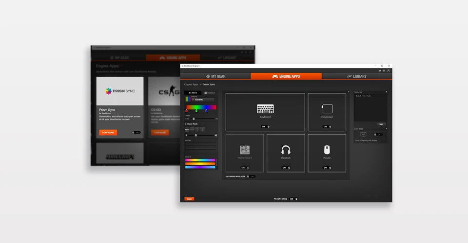 The SteelSeries GG software interface, displaying the Prism Sync app for customizing and synchronizing RGB lighting across multiple gaming peripherals.