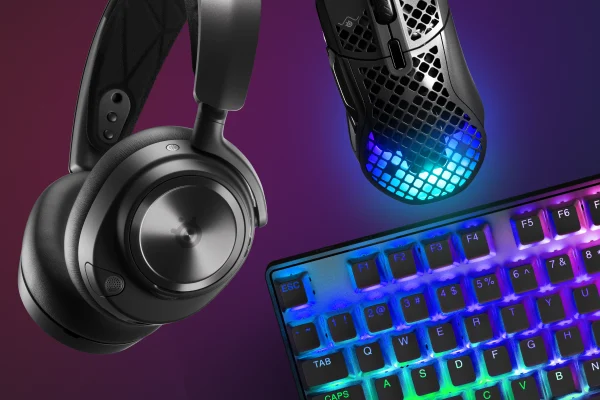 An image of an Arctis Nova headset, an Aerox mouse, and Apex keyboard with a dark purple gradient background.