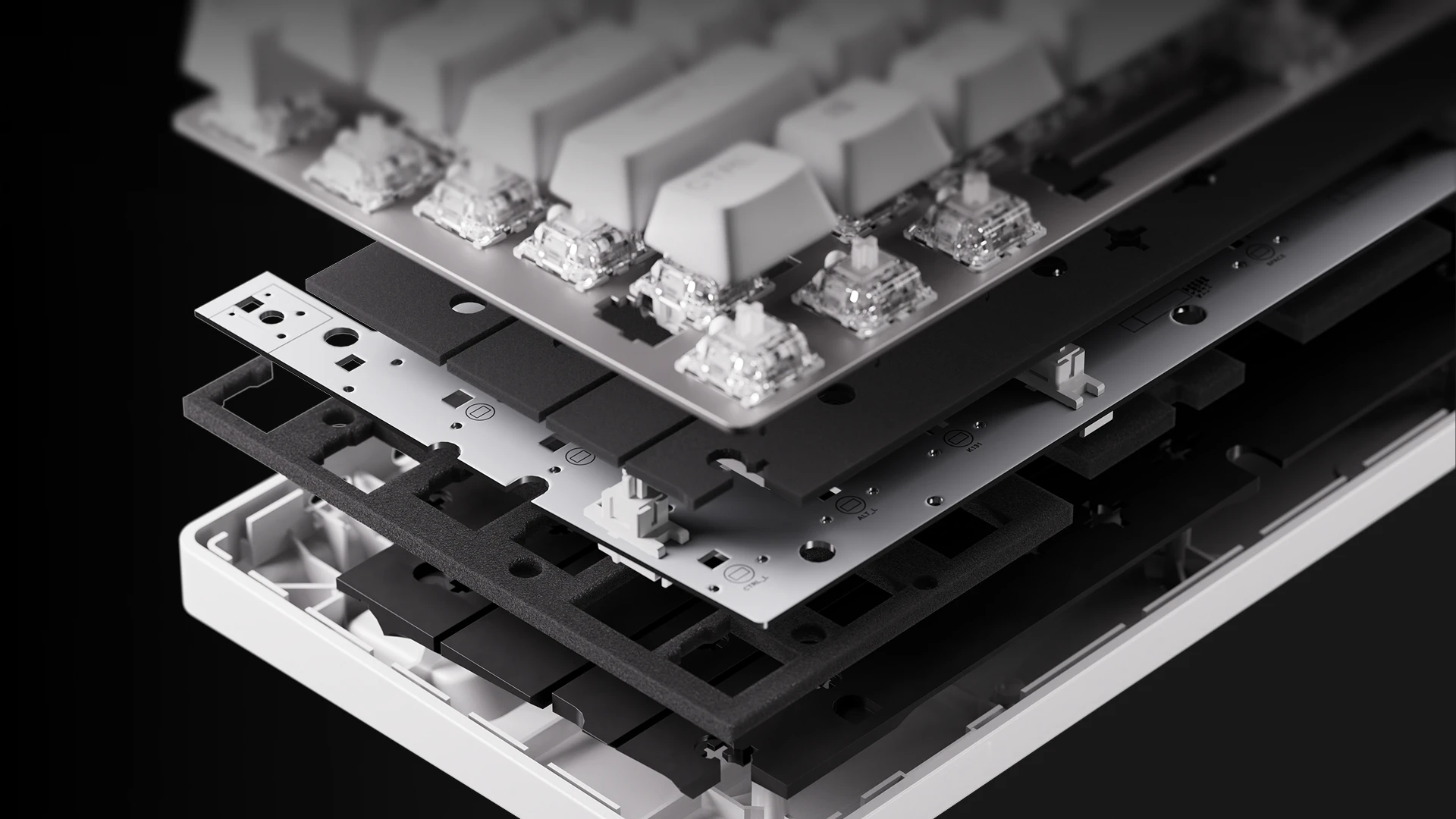 Exploded view of the SteelSeries Apex Pro TKL Gen 3 gaming keyboard showing internal build quality, switches, PCB, and sound-dampening foam layers.