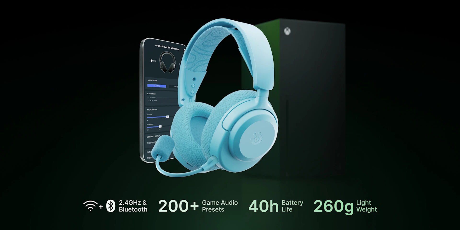 Arctis Nova 3 Wireless aqua surrounded by smartphone and Xbox console on a dark background