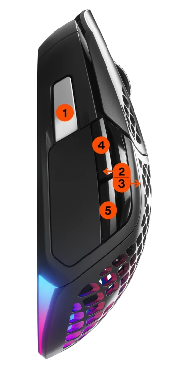 Aerox 5 muizen op het linker zijaanzicht met numerote gebieden.
