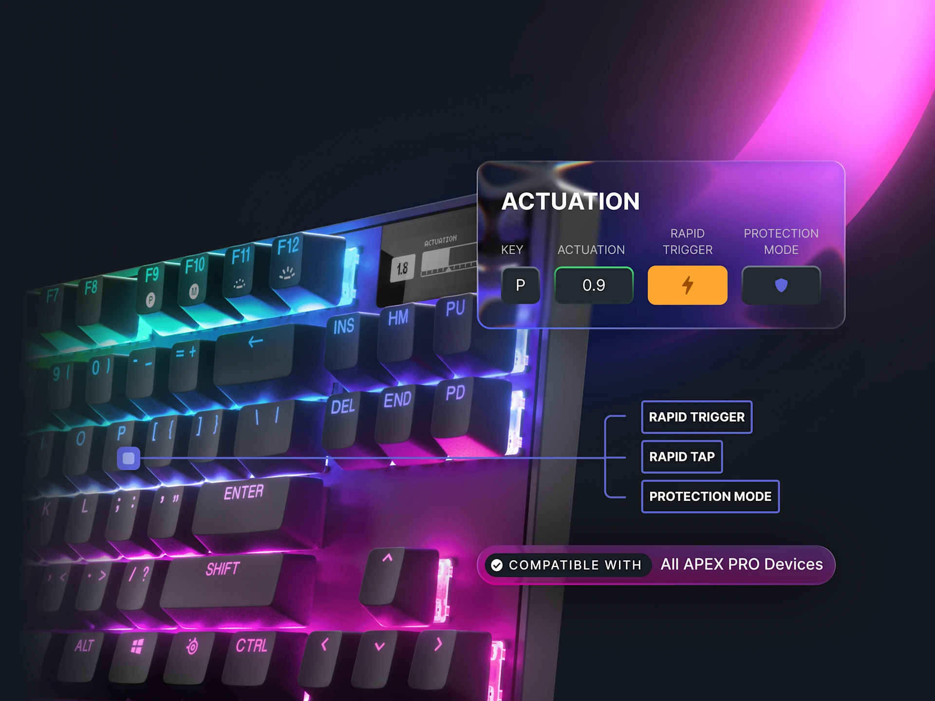 Promo for SteelSeries Apex Pro keyboards showing software settings for key actuation, Rapid Trigger, and Rapid Tap over a mechanical keyboard with vibrant purple and blue lighting.