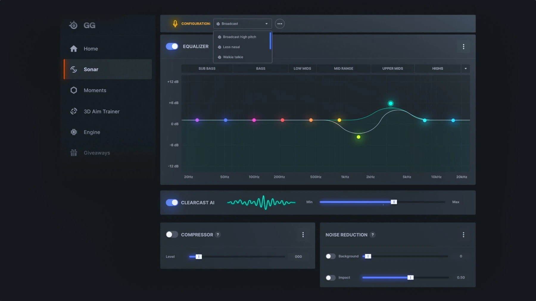 A screenshot of the SteelSeries Sonar software displaying microphone settings like the equalizer, AI noise cancellation, and other audio controls.