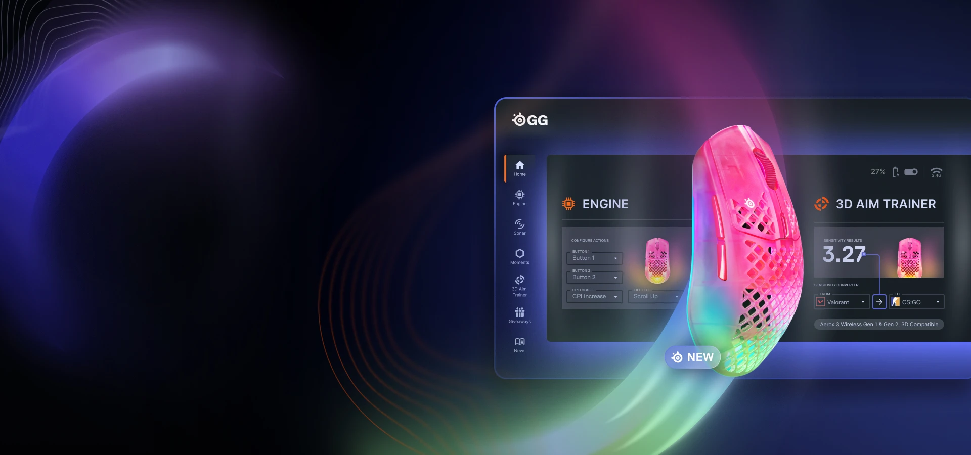 Eine Werbegrafik für die SteelSeries GG-Software, die eine pinkfarbene Gaming-Maus mit Wabenmuster über einem digitalen Dashboard zeigt. Auf der Benutzeroberfläche sind „Engine“ und „3D Aim Trainer“ zu sehen.