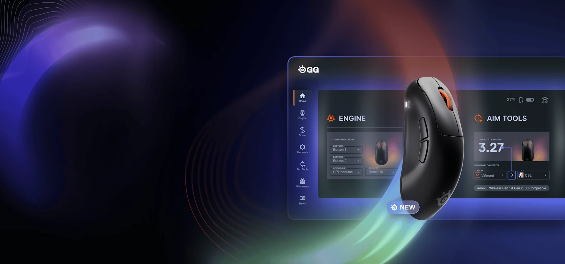 A promotional graphic for SteelSeries GG software showing a pink, honeycombed gaming mouse over a digital dashboard. The interface displays "Engine" and "3D Aim Trainer"