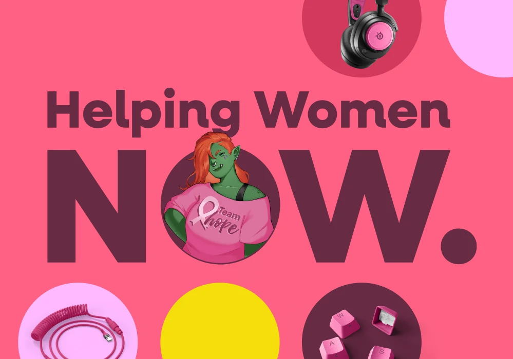 SteelSeries mascot on pink background.