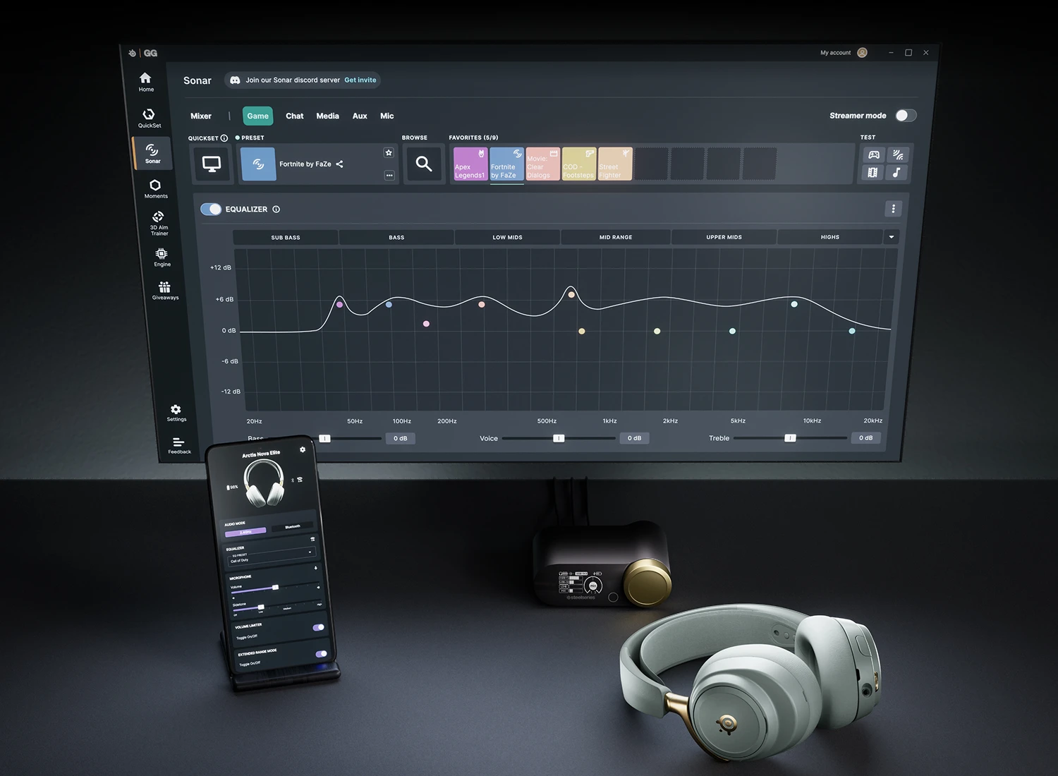 arctis nova sage gold with mobile and app running on the desktop