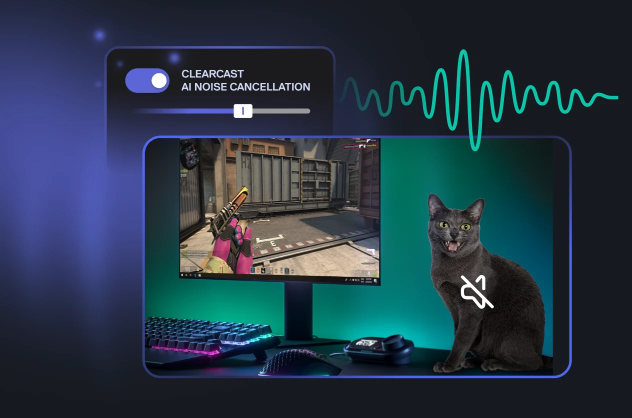 A picture showing a clearcast AI Noise Cancellation feature UI and sound being cancelled