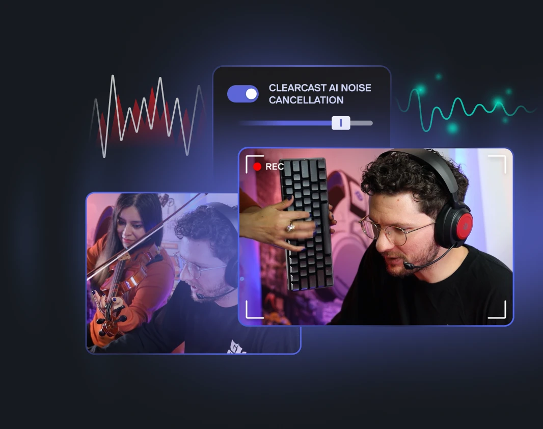 Una imagen que muestra la interfaz de usuario de la función de cancelación de ruido AI de clearcast y el sonido del teclado o del violín que se cancela.