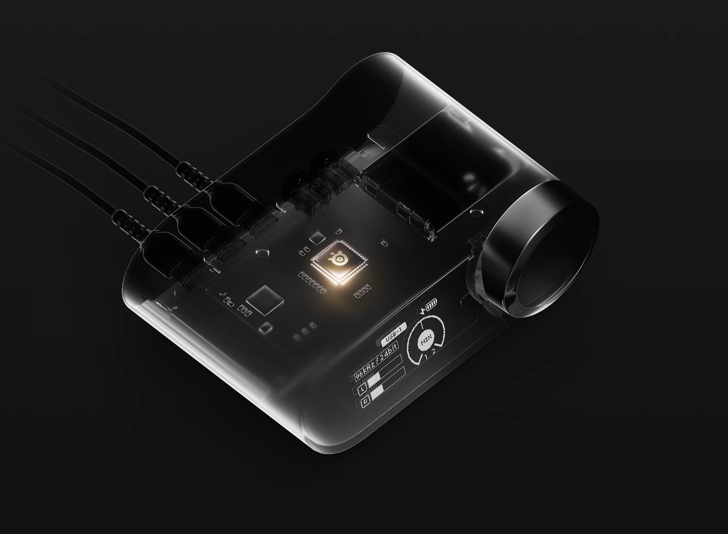 Estación de acoplamiento con parte superior transparente y procesador visible en el interior.