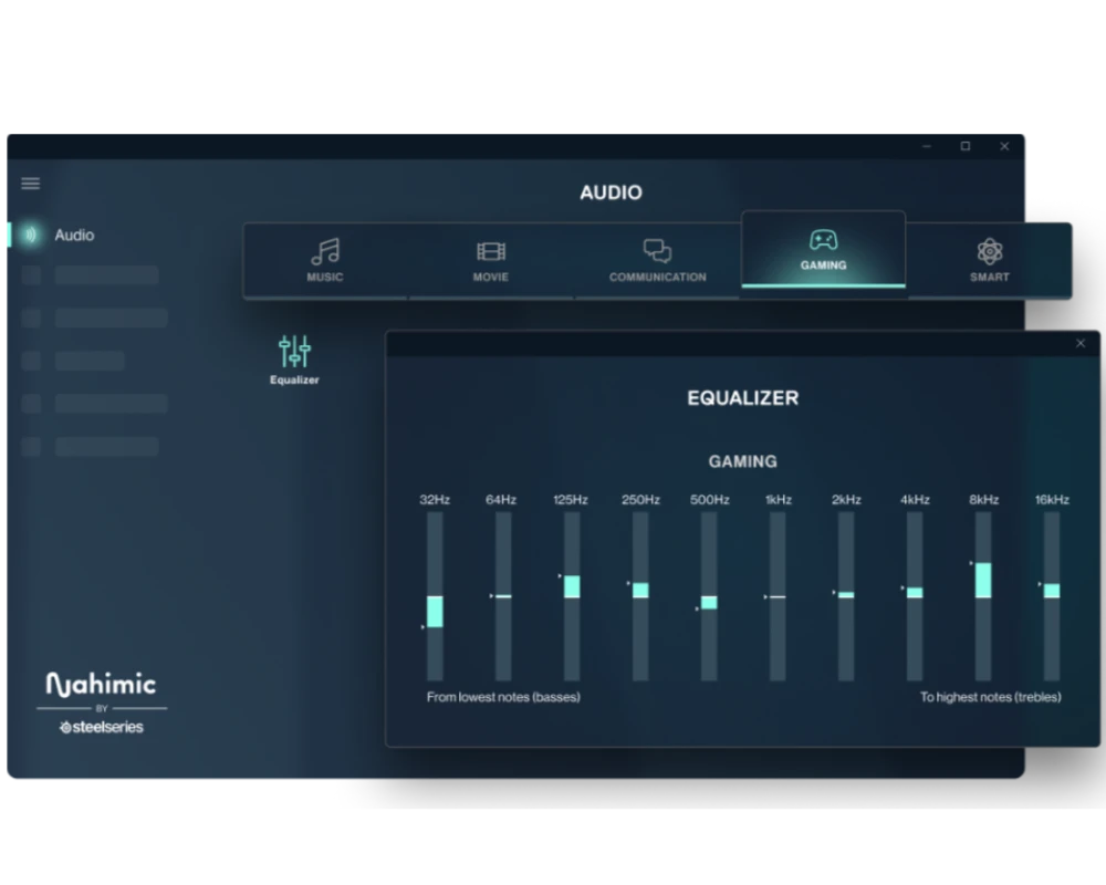The user interface of the Nahimic by Steelseries audio software, displaying the graphic equalizer settings for the "Gaming" profile.