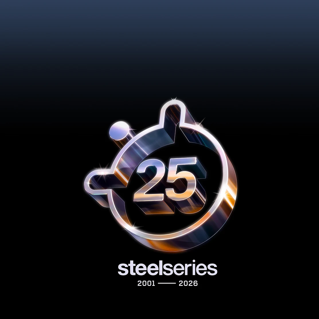 An image of the SteelSeries logo with the number 25 in the middle and text that reads: "steelseries 2001 - 2026".