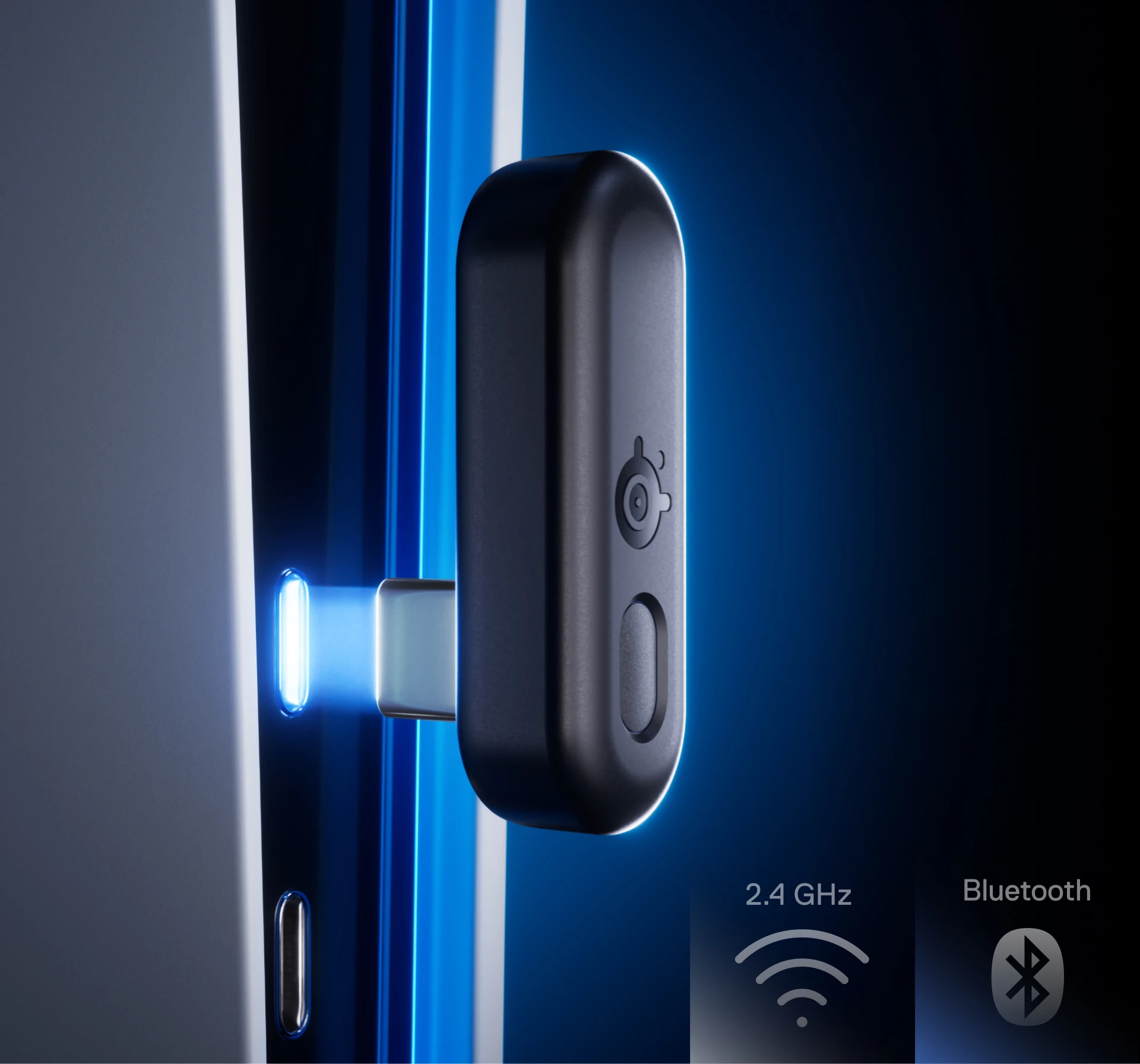 El dongle de los Arctis Gamebuds llega lentamente al puerto USB-C; el espacio entre ellos se ilumina en azul.