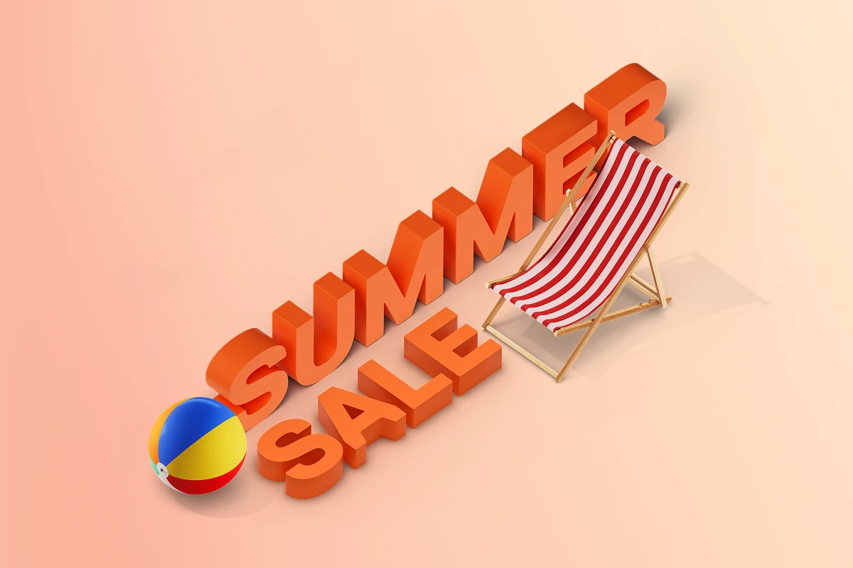 Een afbeelding van een strandbal en een strandstoel rondom de tekst: "Zomeruitverkoop".