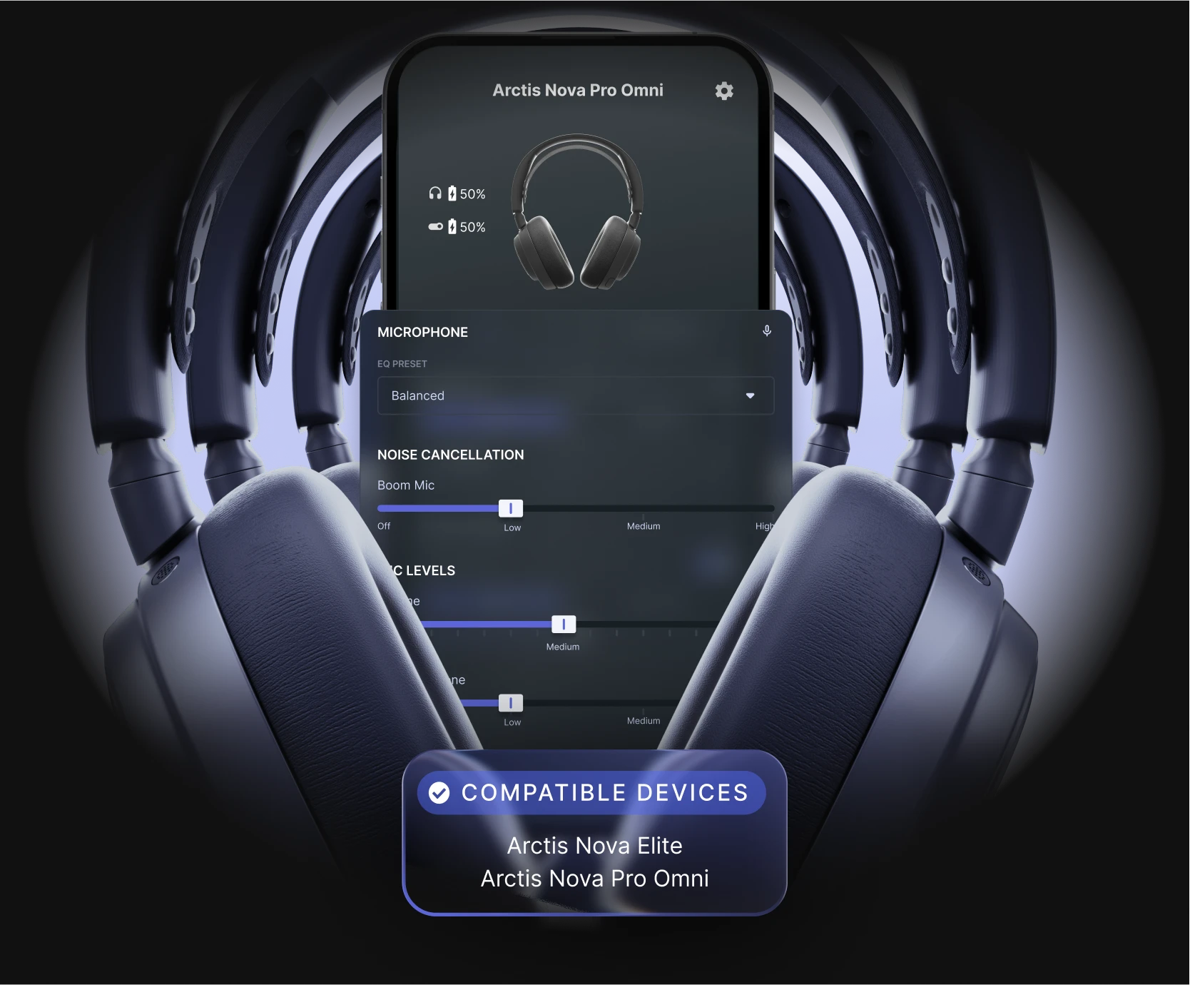 SteelSeries Arctis Companion app interface with EQ and ANC settings. Compatible with Arctis Nova Elite and Pro Omni gaming headsets.