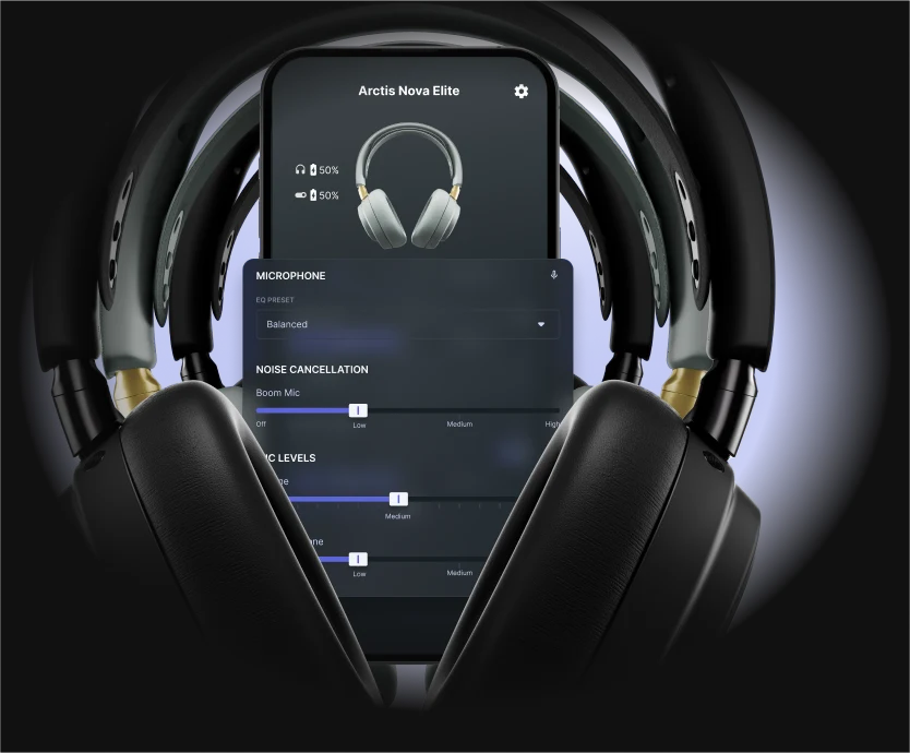 Arctis Nova Elite User interface page on in the mobile application on a smartphone surrounded by Arctis Nova Elite headsets.