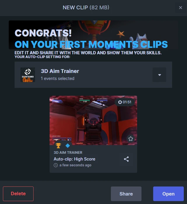 Screenshot of successful capture of moments in 3d aim trainer.