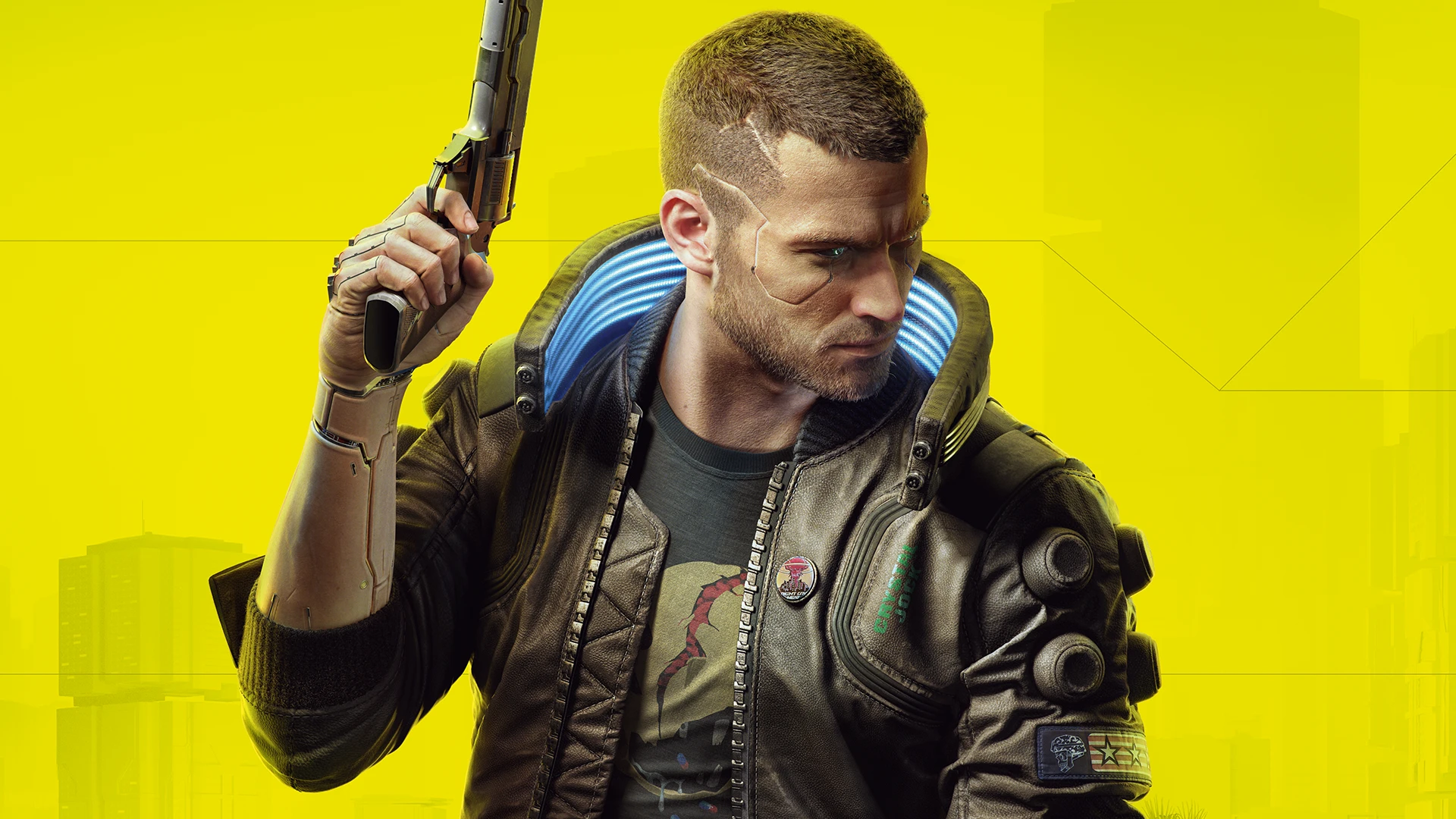 hombre con pistola sobre fondo amarillo