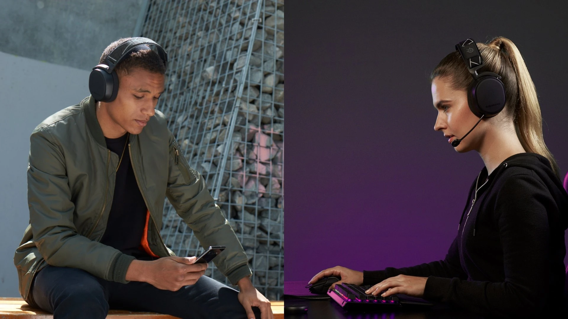 Two people using Arctis 9 headset in different situation. One with mobile (Bluetooth) and the other on a PC (2.4GHz Wireless).