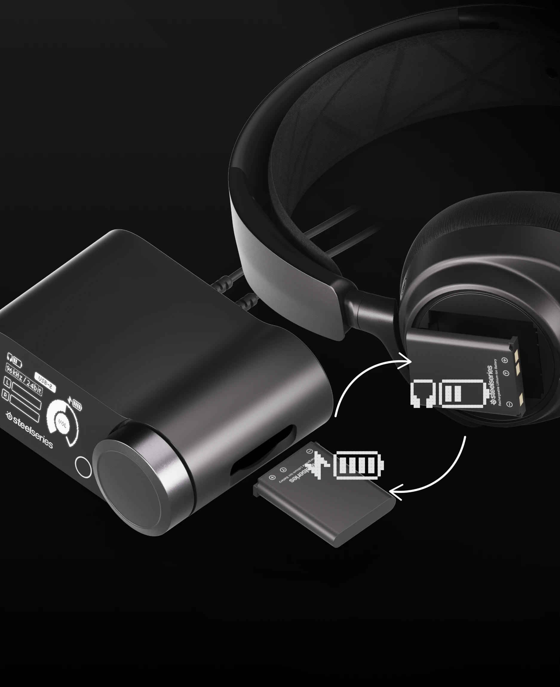 Battery station with the battery removed and headphones, with another battery slightly protruding, suggesting a quick replacement.