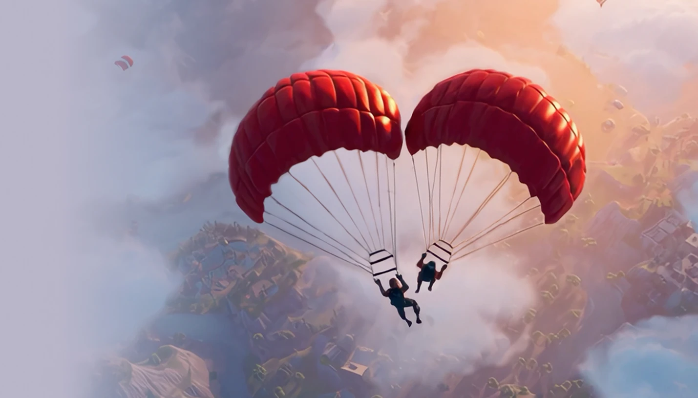 Eine animierte Szene zeigt zwei Personen mit roten Fallschirmen, die bei Sonnenuntergang über eine bergige Landschaft gleiten und dabei ein Herz bilden, was an ein Videospiel erinnert.