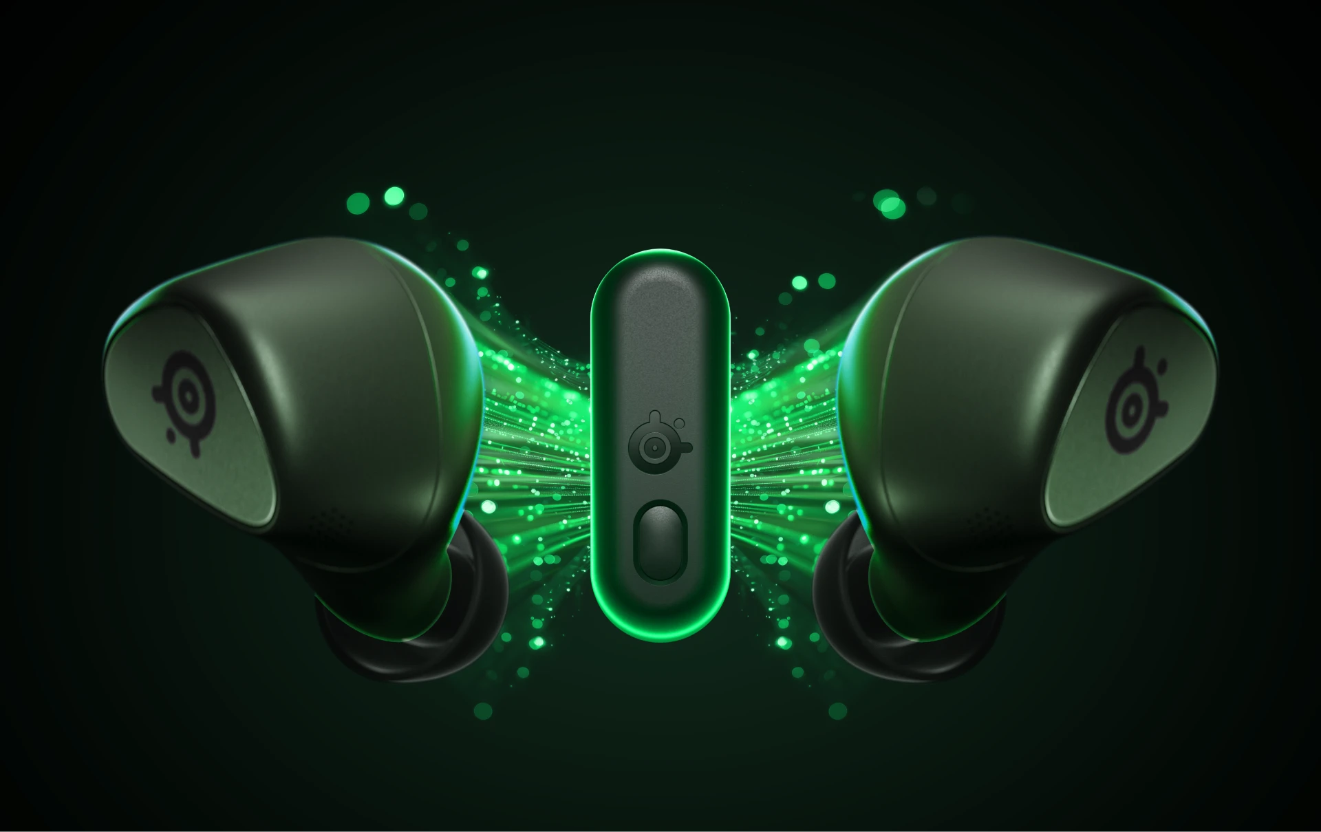 A pair of arctis Gamebuds headphones connected by a dazzling green glow with a dongle, suggesting a fast 2.4GHz connection