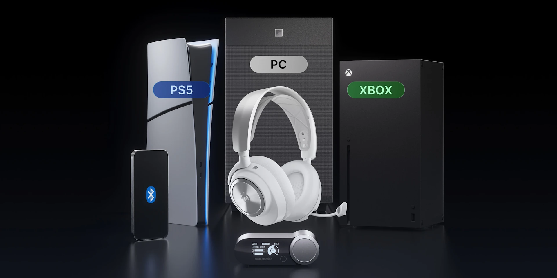 PS5とXboxコンソールに付属する、黒のArctis Nova Proワイヤレスヘッドセット一式