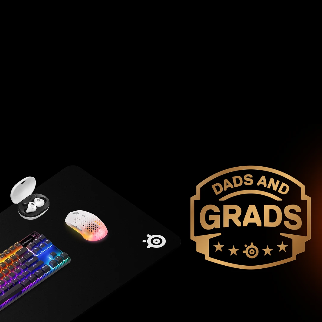 An image of assorted SteelSeries products with text that reads: "DADS AND GRADS".
