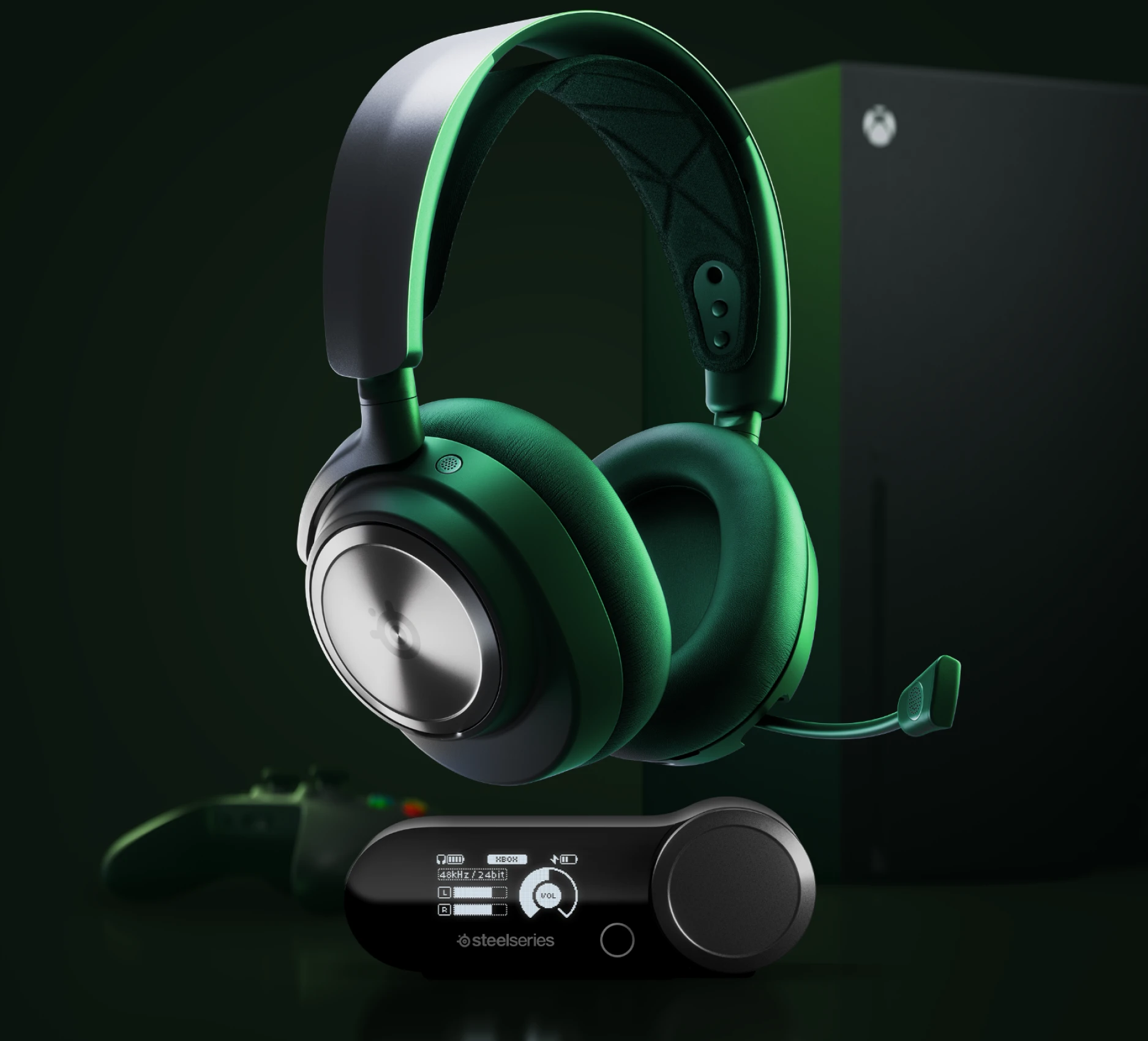 A pair of black arctis nova pro wireless headset on a green and black background accompanied by Xbox console