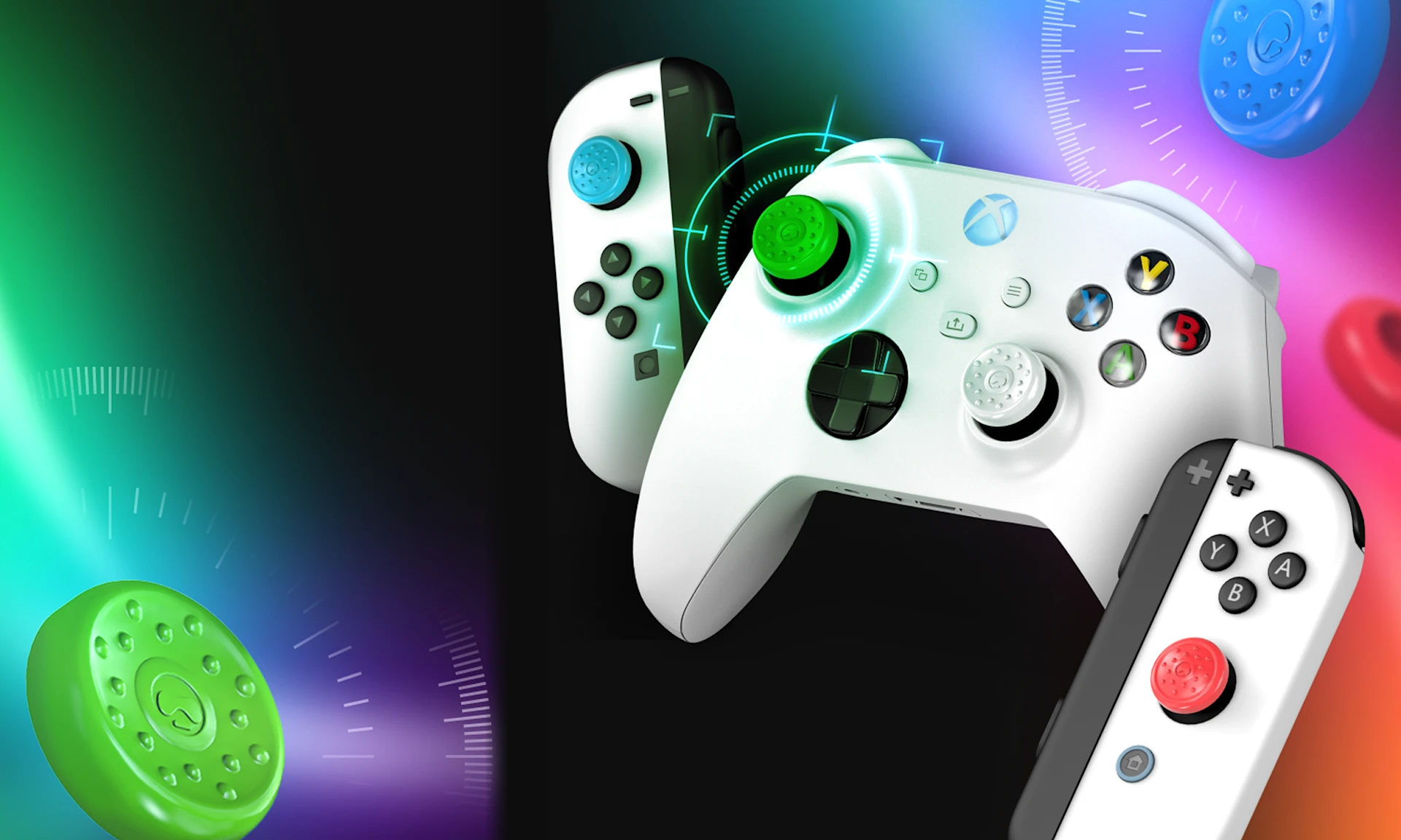 An image of an Xbox controller and Nintendo Joy-cons with KontrolFreek thumbsticks.