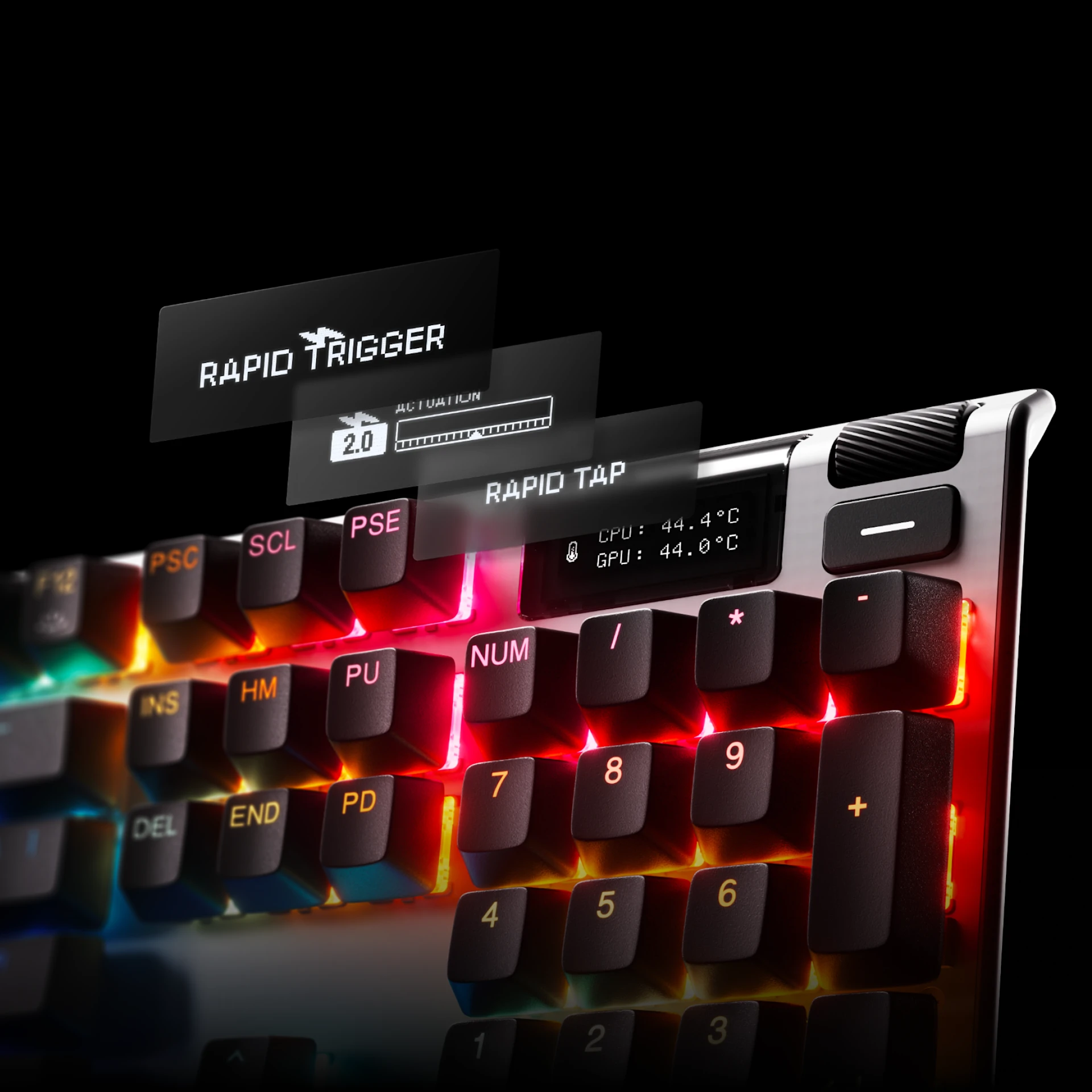 The image illustrates the various uses and possibilities of the screen built into the keyboard. 