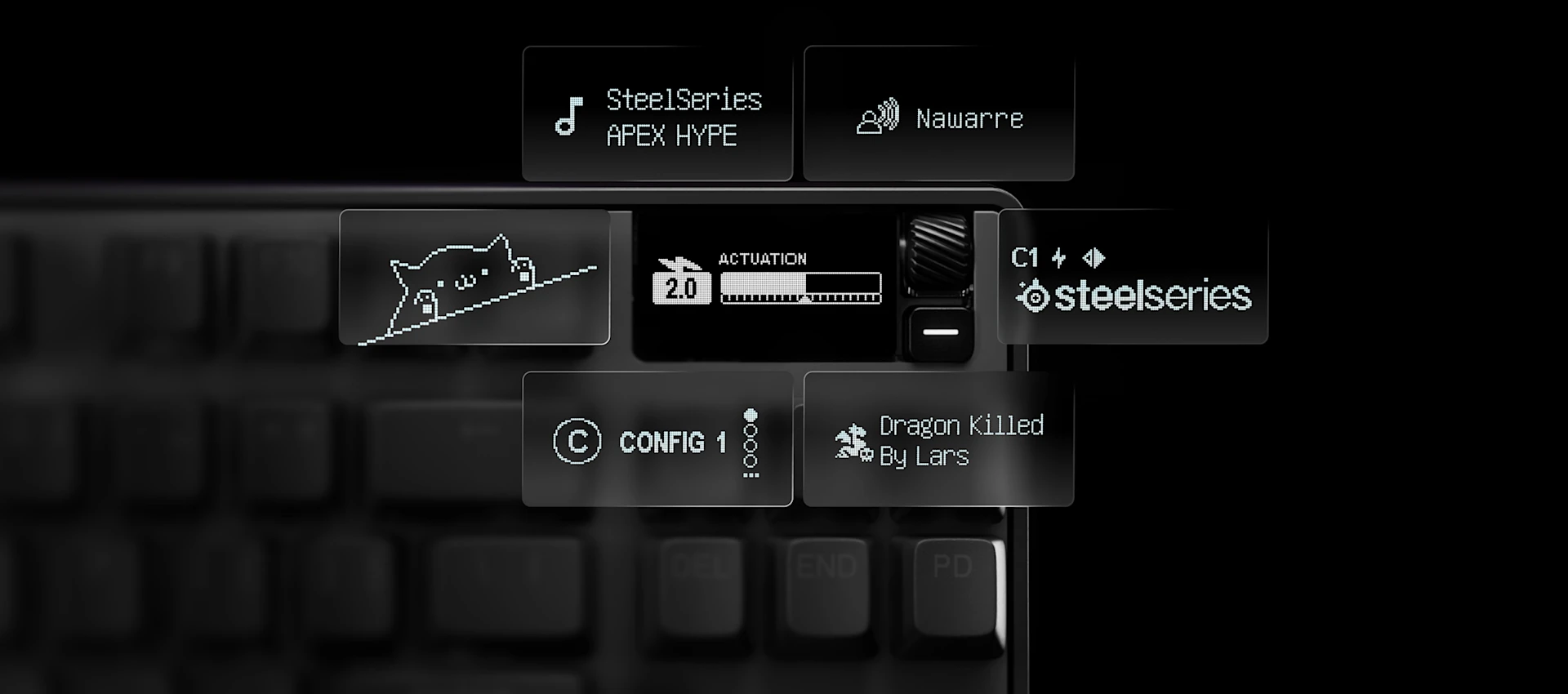 Primer plano de la pantalla OLED inteligente del teclado para juegos SteelSeries Apex Pro, que muestra ajustes de activación personalizados, estadísticas de juego, notificaciones de Discord y animaciones personalizadas.