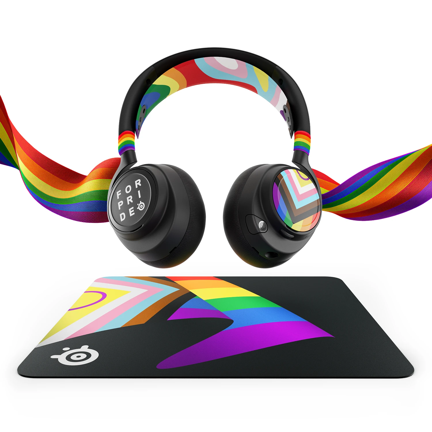 Arctis Nova gaming headset and QcK mousepad with limited edition 2026 Pride Month rainbow booster pack accessories.