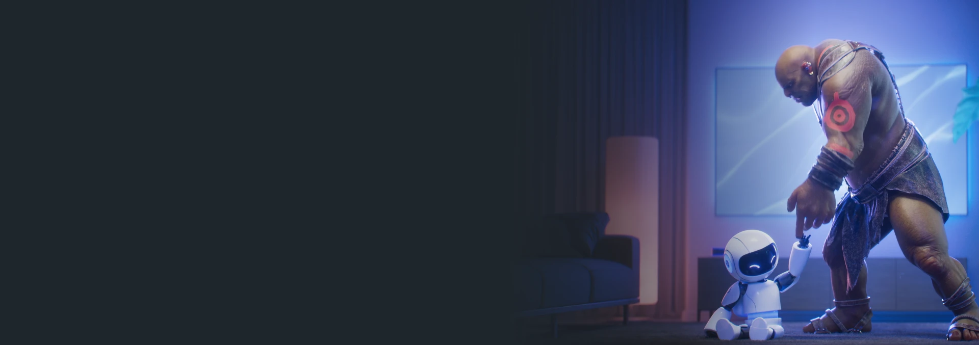 SteelSeries mascots Lars and little robot, hands in hands in a a living room.