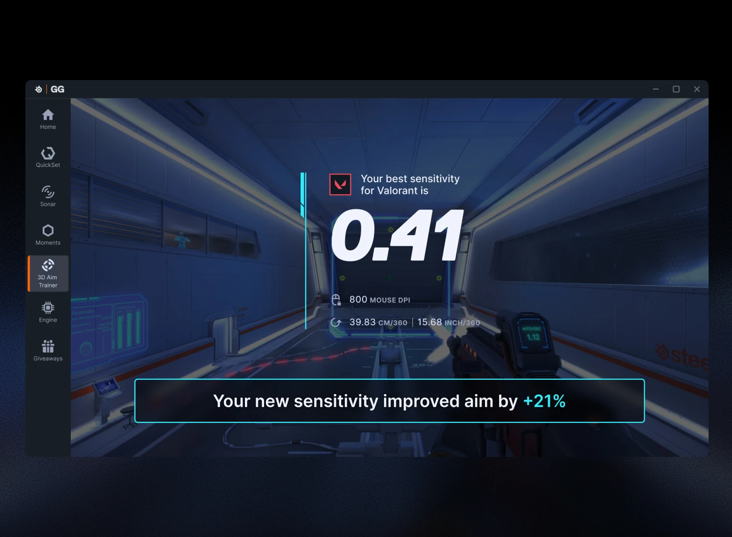 Gaming aim trainer screen showing Valorant sensitivity score and aim improvement message.