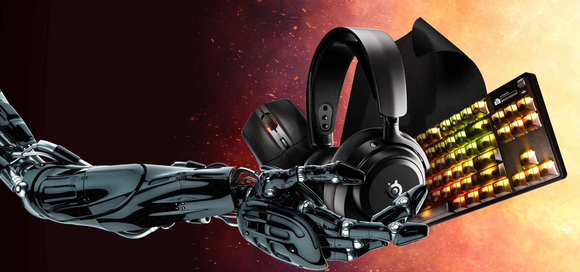 An image of a robotic arm holding an assortment of SteelSeries gear.
