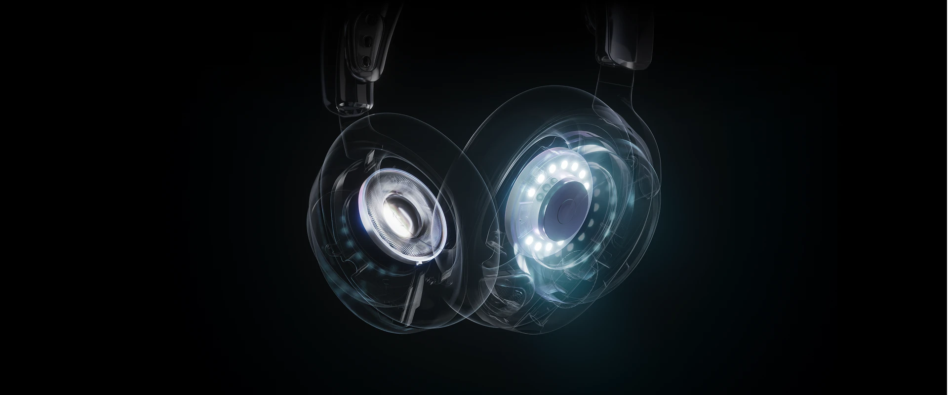 A close-up, transparent view of headphones revealing the internal speaker components and glowing LED lights.