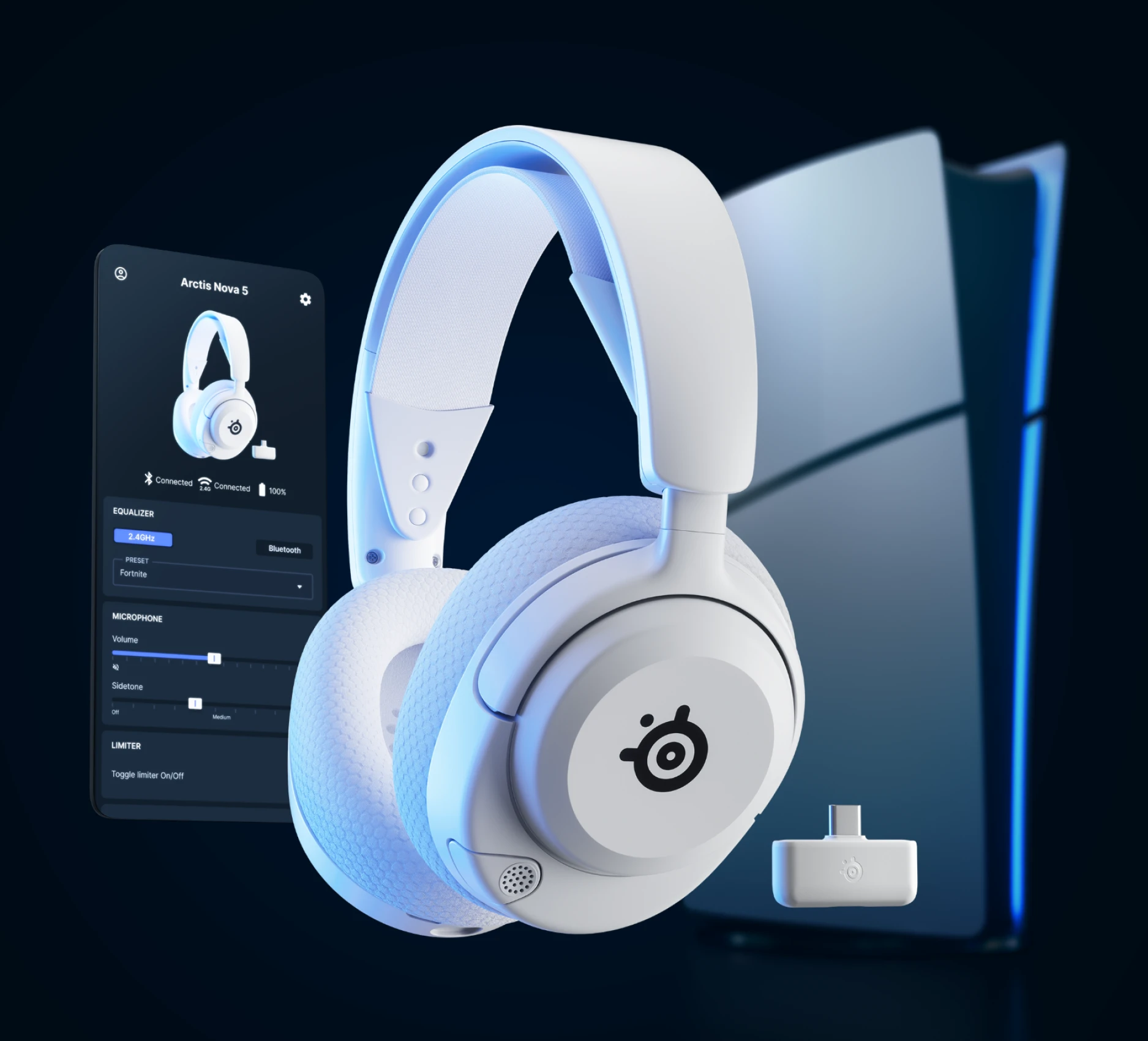 Arctis Nova 5 White for PlayStation, accompanied by a mobile device with the Arctis Companion app displayed on it