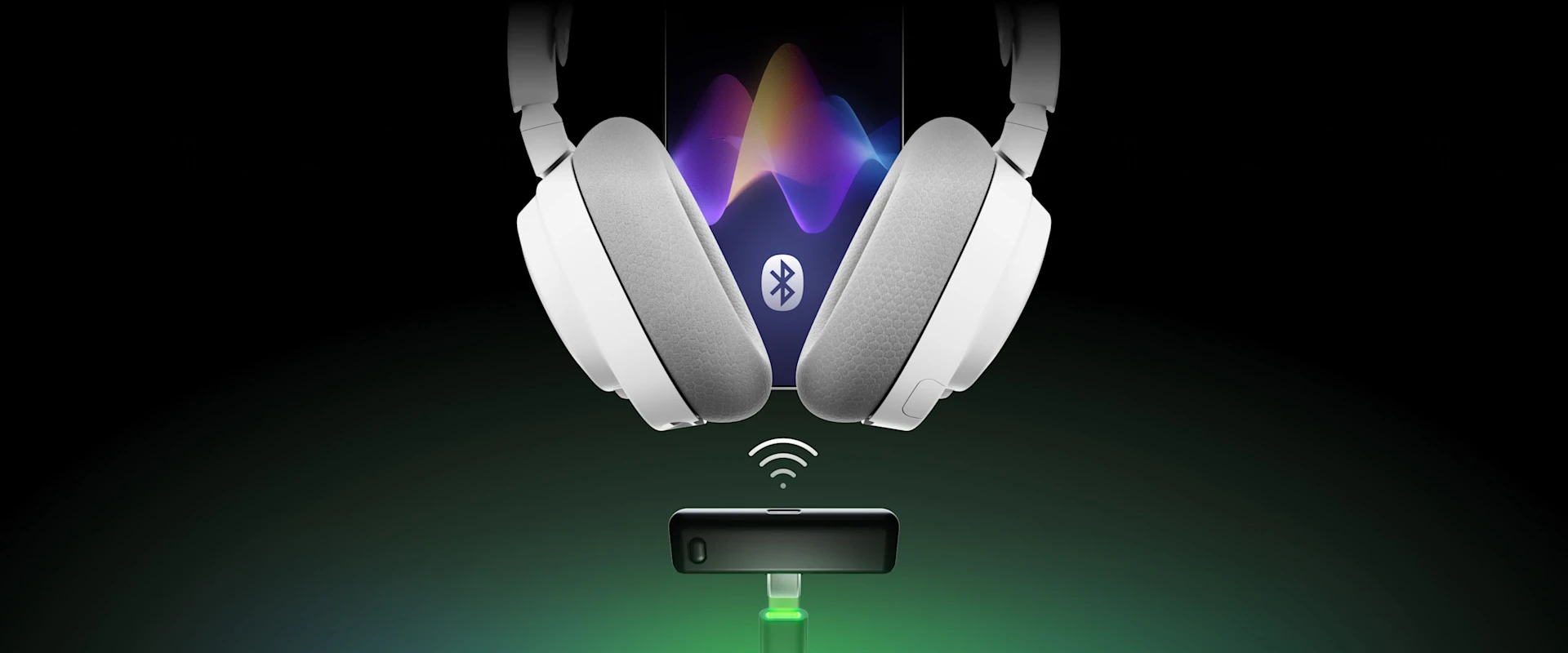 white arctis nova 7 gen 2 hoovering above a dongle