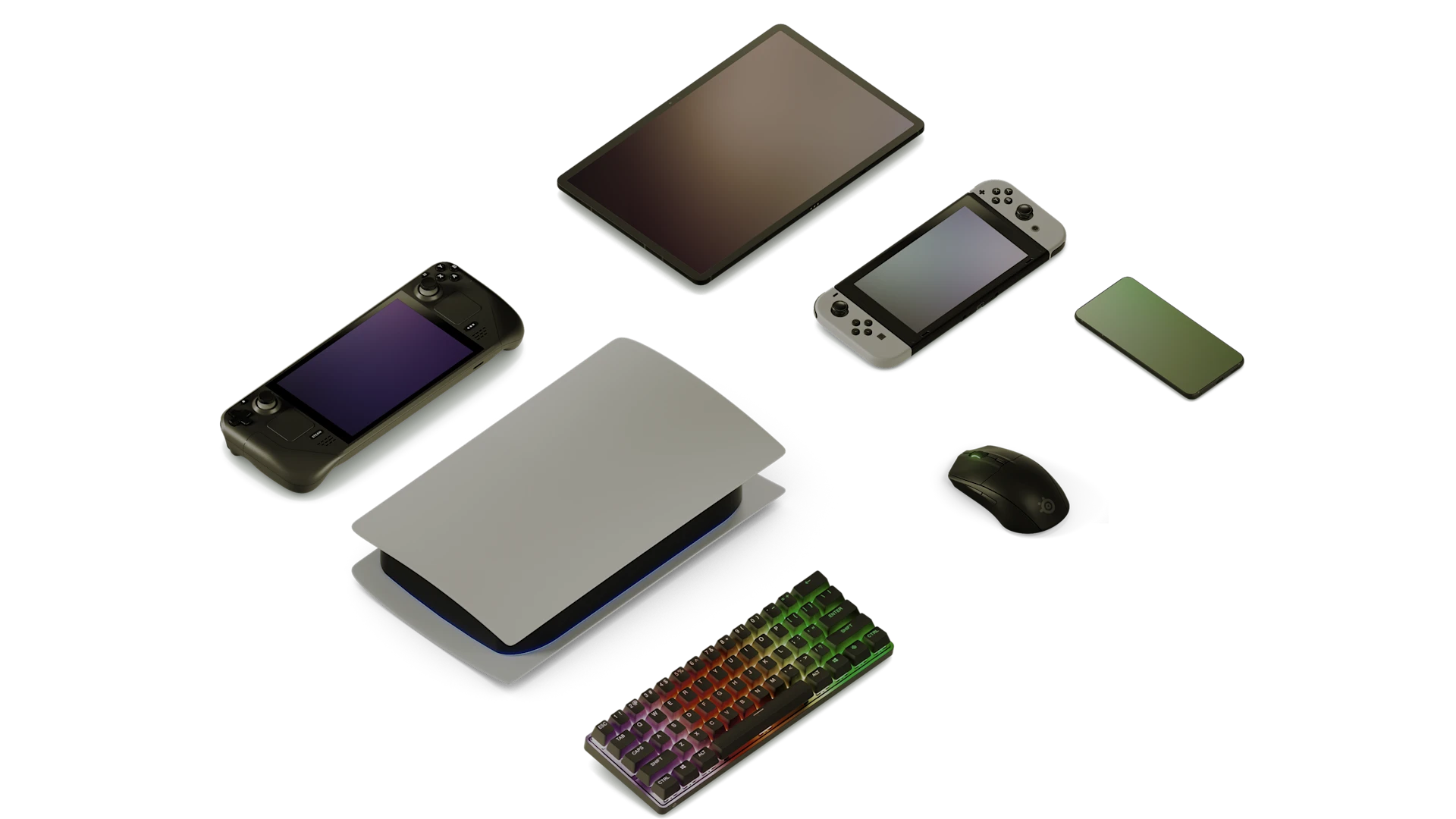 SteelSeries Arctis GameBudsのマルチプラットフォーム対応をアピールし、PlayStation 5、PCキーボード、Steam Deck、Switch、タブレット、スマートフォンを例に挙げる。
