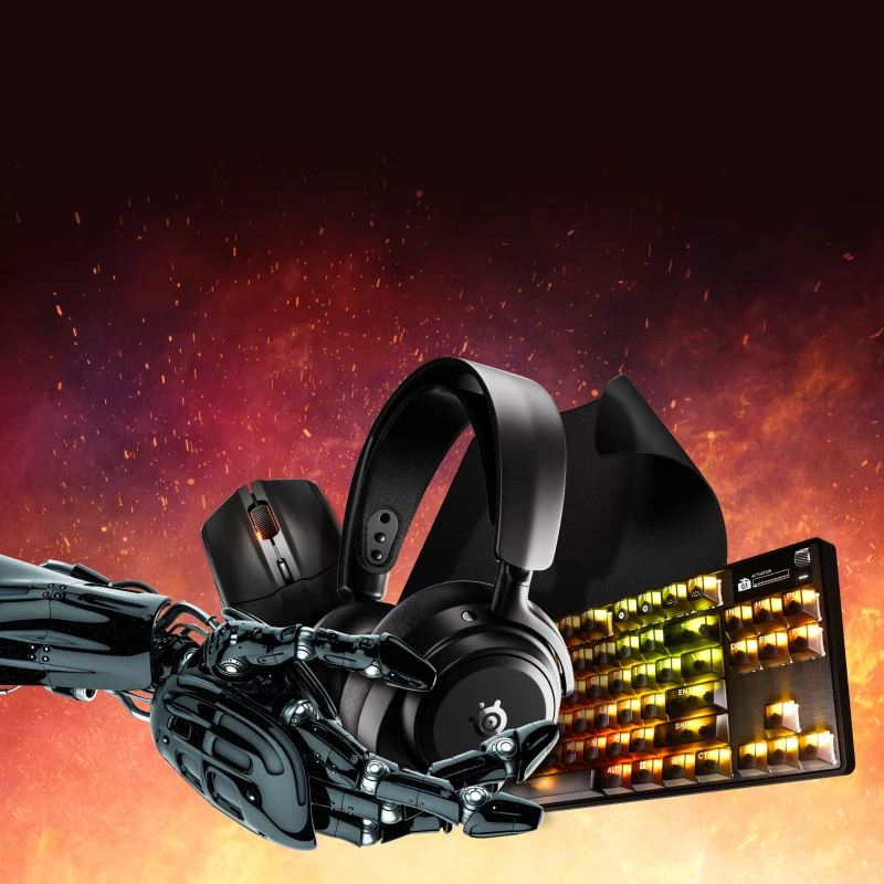 An image of a robotic arm holding an assortment of SteelSeries gear.