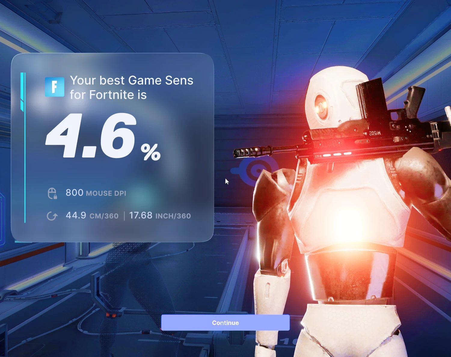 HUD'da optimum Fortnite fare hassasiyeti istatistiklerini gösteren, bilim kurgu tarzı bir atış poligonundaki robot asker.