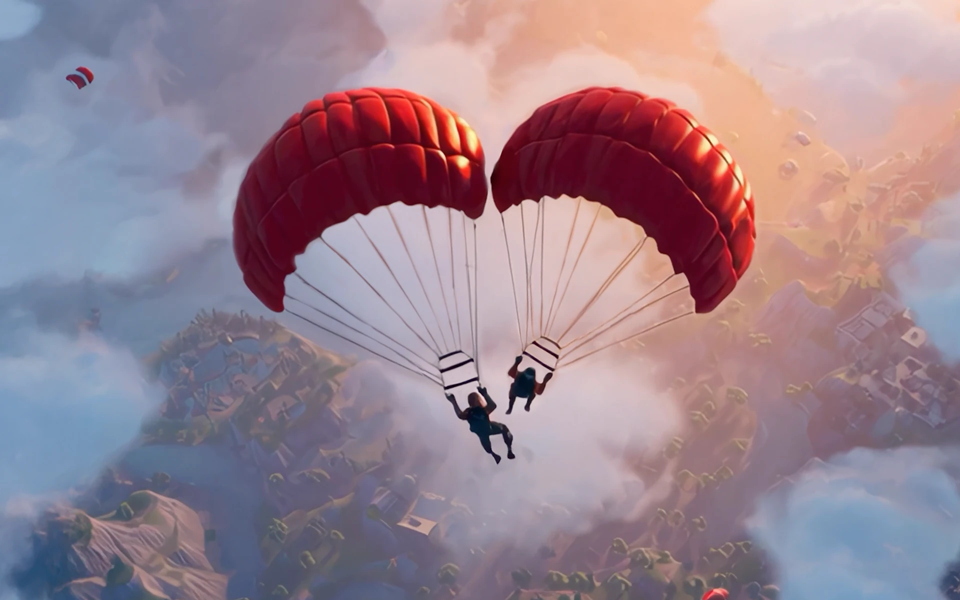 Eine animierte Szene zeigt zwei Personen mit roten Fallschirmen, die bei Sonnenuntergang über eine bergige Landschaft gleiten und dabei ein Herz bilden, was an ein Videospiel erinnert.